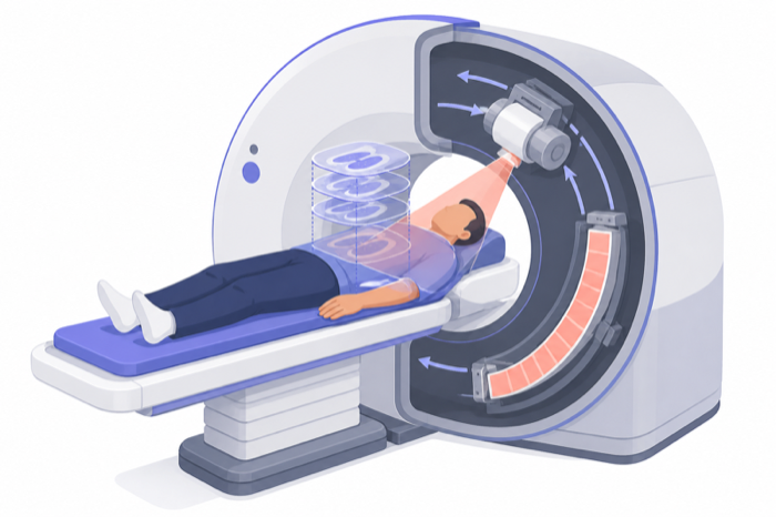Cutaway illustration of a CT gantry showing the rotating tube, detector arc, and fan beam.