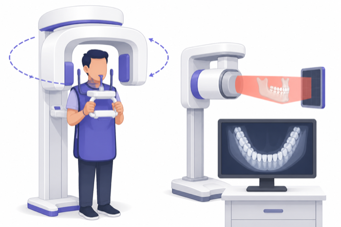 Illustration of a panoramic dental X-ray machine orbiting a standing patient's head.