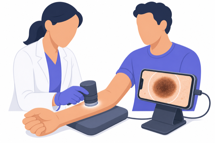 Illustration of a clinician examining a mole with a handheld dermatoscope linked to a phone.