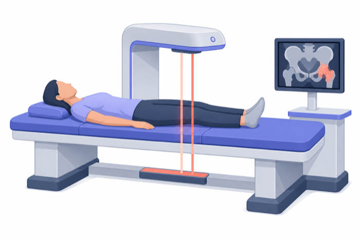 Illustration of a patient on an open DEXA table with a scanning arm above the pelvis.