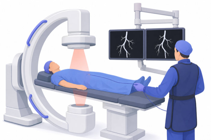 Illustration of a C-arm fluoroscopy suite with a physician guiding a catheter.