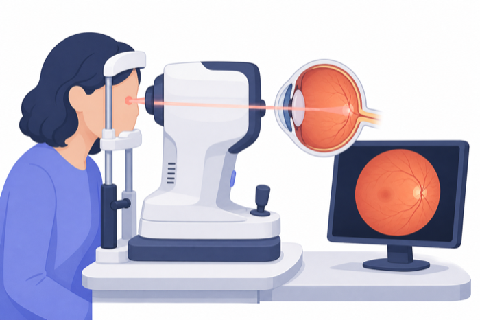 Illustration of a patient at a fundus camera with the light path into a cutaway eye.