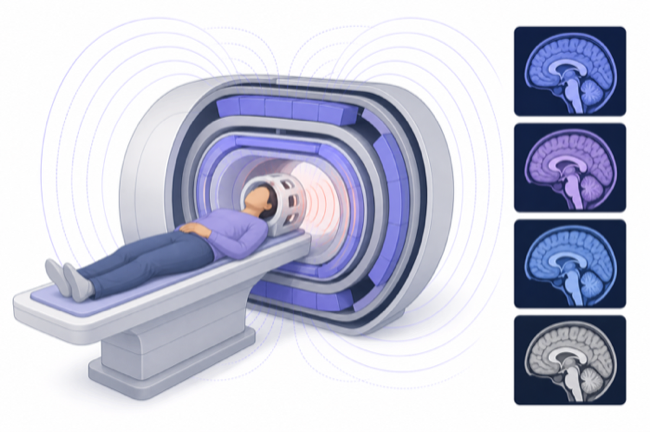 Cutaway illustration of an MRI bore with field lines, a head coil, and floating panels of differently contrasted brain images.