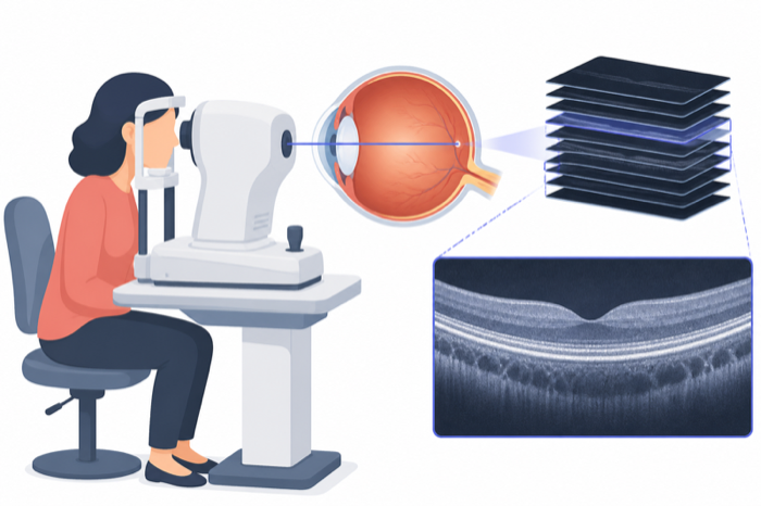 Illustration of an OCT scanner sweeping a beam across the retina and producing layered cross-section slices.