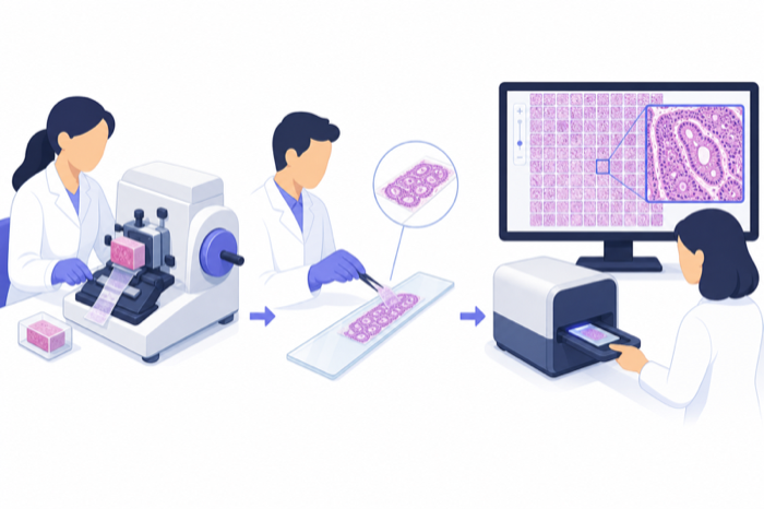 Illustration of tissue sectioning, staining, and slide scanning into a tiled gigapixel image.