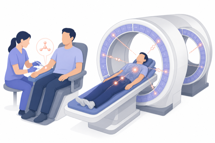 Illustration of tracer injection and a PET/CT scanner detecting glowing regions inside the patient.