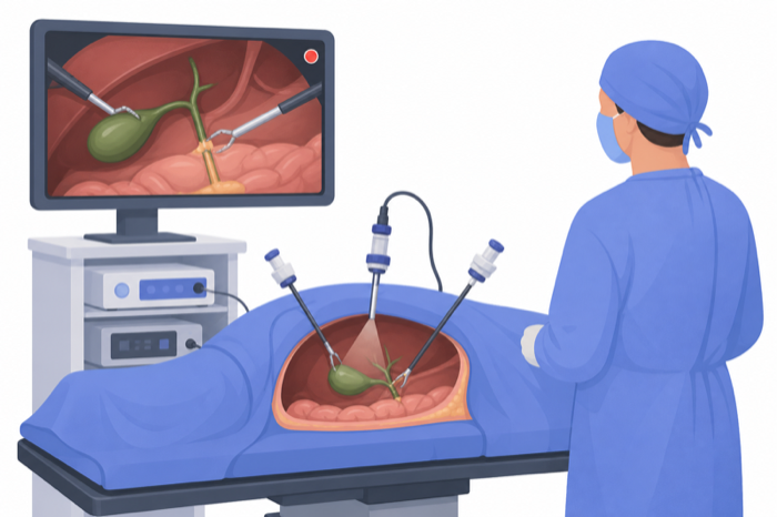 Illustration of laparoscopic surgery with the internal camera view shown on the operating-room monitor.
