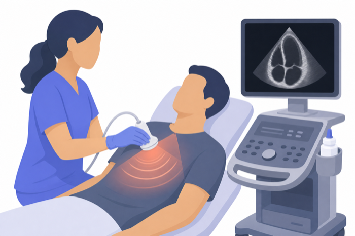 Illustration of a sonographer scanning a patient's chest with the heart displayed on the machine.