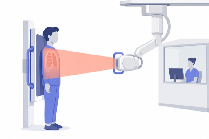 Illustration of a patient standing between an X-ray tube and a flat detector panel.